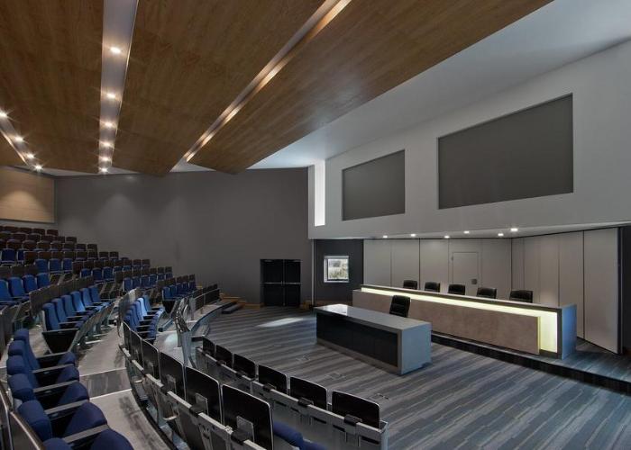 An empty auditorium at the Sutherland School of Law